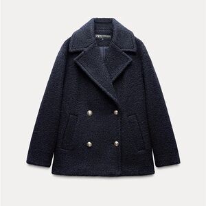 NWT Zara Double-Breasted Bouclé Coat in Navy Blue - XL